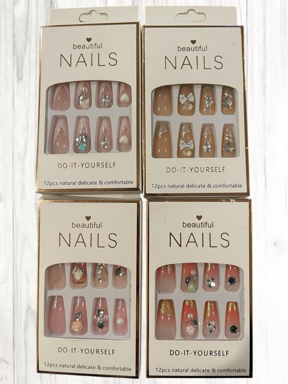 🪷 4 Sets Beautiful NAILS Press-On Nail Art Accent Sets - Pink & Natural Mix